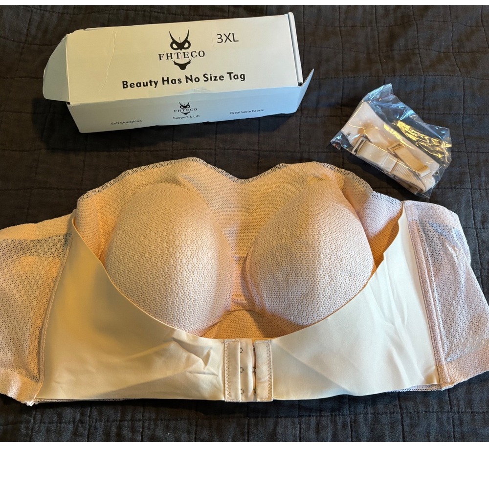 FHTECO Strapless Bra Nude Beige Plus Size 3XL Wireless Support Lift New